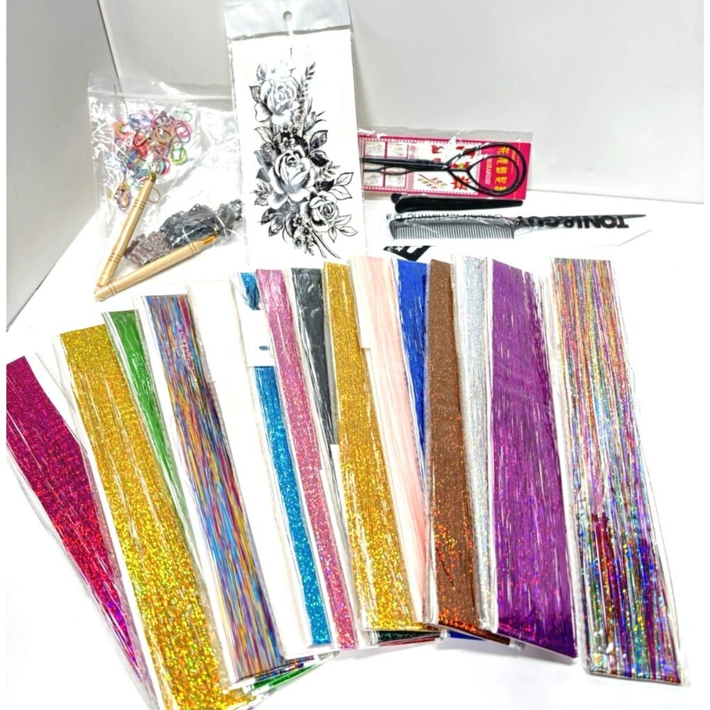 Hair Tinsel Kit Glitter Extensions Clip In Sparkly Strands Party Festival Hair